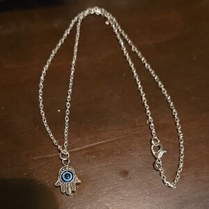 Silver Hamsa Hand Necklace with Blue Eye Charm